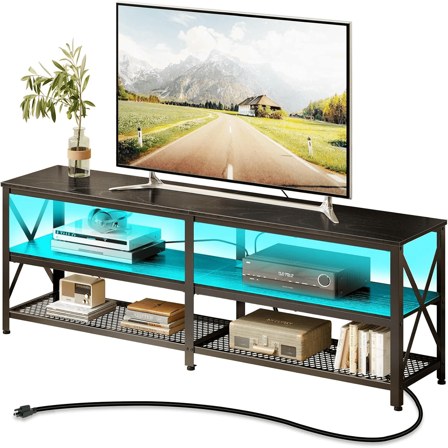 TV Stand for 65 70 inch TV with Power Outlets & Led Lights Long 63" TV