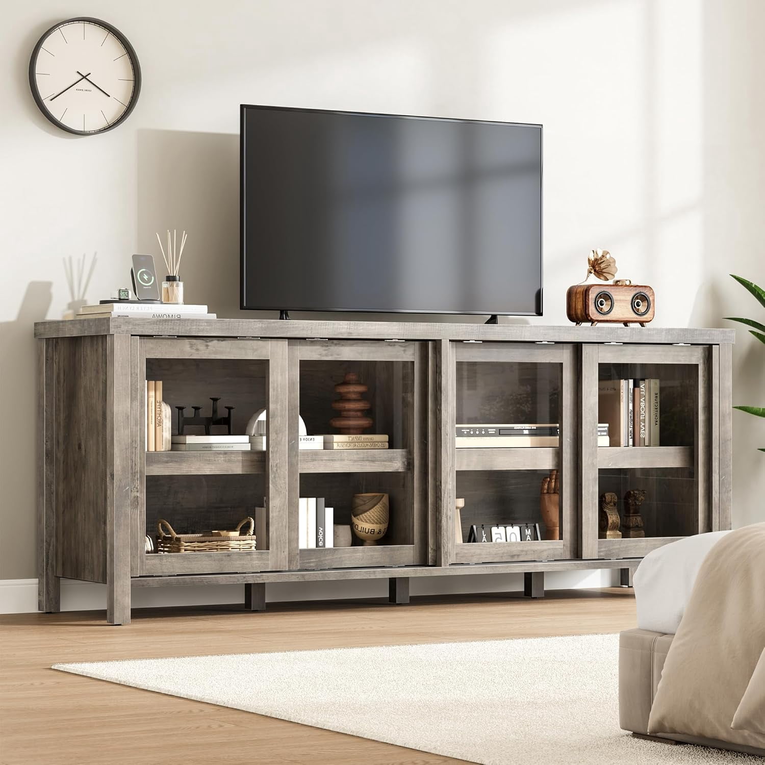 TV Stand for 65 Inch, Entertainment Center with Storage Cabinet and 4 Sliding Glass Doors, Mid Century Modern Media TV Console Table for Living Room Bedroom