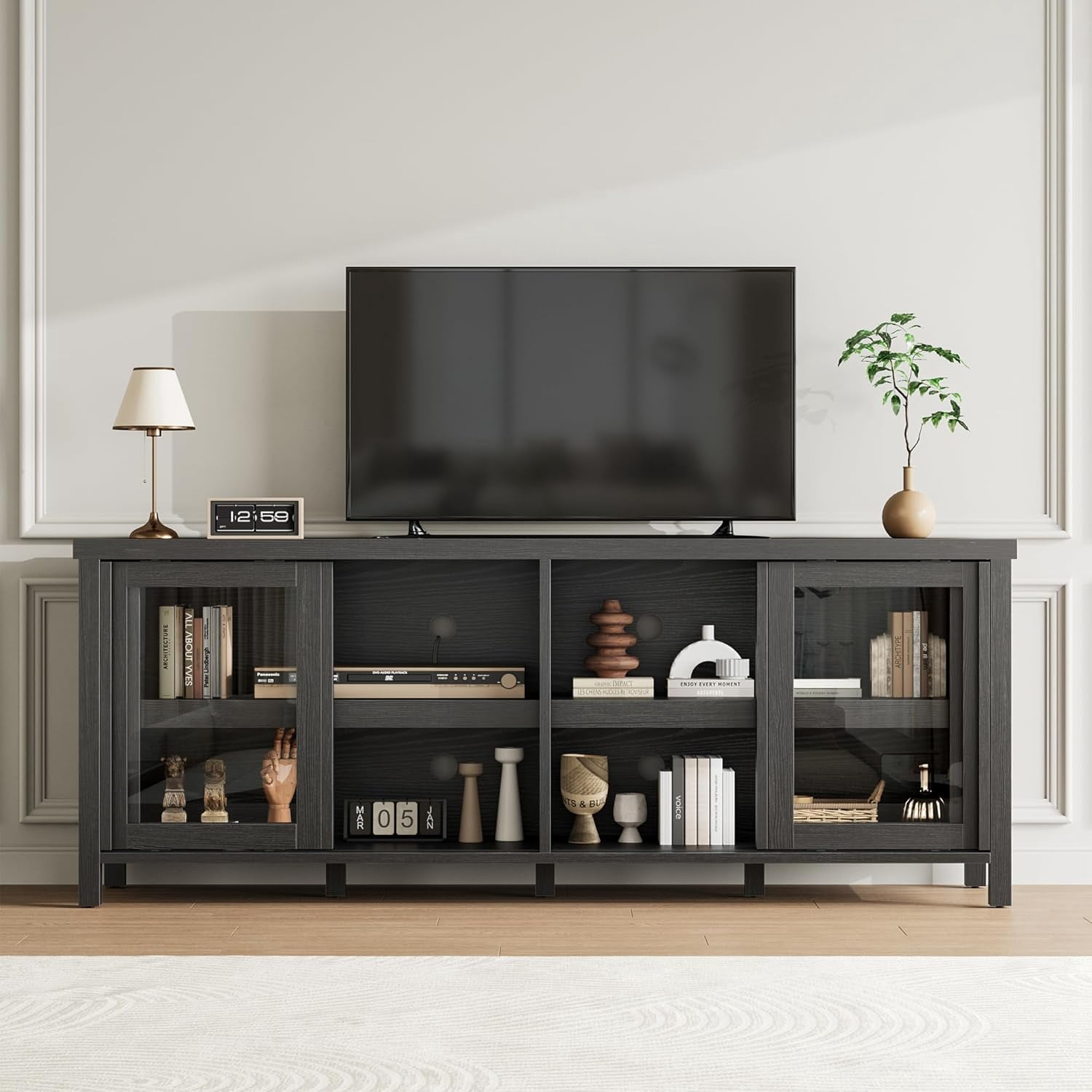 TV Stand for 65 Inch, Entertainment Center with Storage Cabinet and 4 Sliding Glass Doors, Mid Century Modern Media TV Console Table for Living Room Bedroom