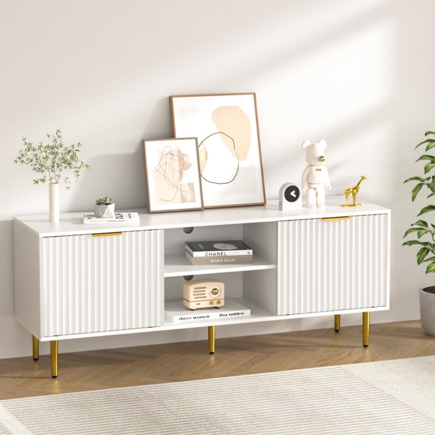 TV Stand for 65 Inch TV Fluted Doors Entertainment Center with TV