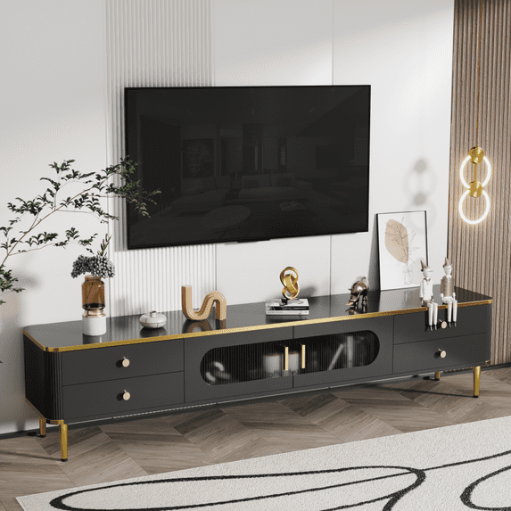 TV Stand for 65+ Inch TV,Entertainment Center TV Media Console Table,Farmhouse TV Stand with 4 Drawers and Cabinet,Corner Console TV Cabinet for Living Room,Bedroom.Black