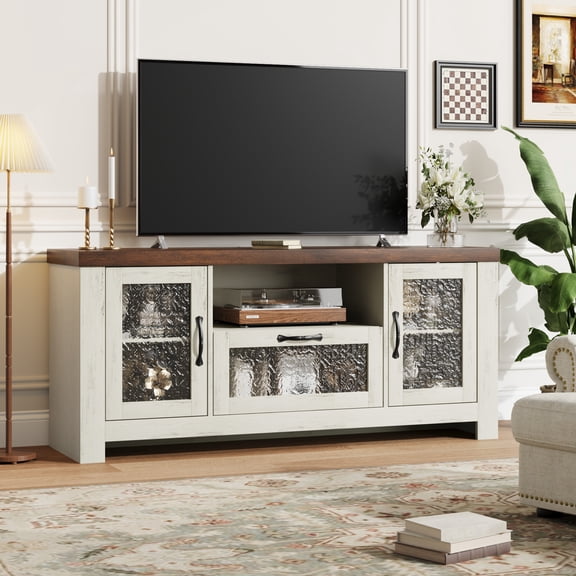 TV Stand for 65 Inch TV, Farmhouse Entertainment Center with Acrylic Door Storage Cabinet & Adjustable Shelves, TV Console Table for Living Room Bedroom, White & Brown