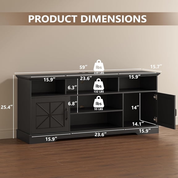 TV Stand for 65 Inch TV, Farmhouse Entertainment Center with RGB LED Lights, 59 Inch Media Console with Adjustable Shelf and Storage Cabinets, Rustic Barn Door Style