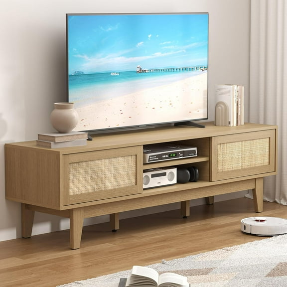 TV Stand for 65 Inch TV, Farmhouse Entertainment Center TV Console Table with Storage, Sliding Barn Door Media Console, Wood TV Cabinet for Living Room & Bedroom (Rattan Natural)
