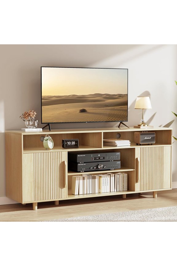TV Stand for 65 Inch TV, Fluted Modern Entertainment Center with Storage, Media Console TV Cabinet with Soft Close Doors, Wood TV Stands for Living Room, Bedroom, Natural Oak