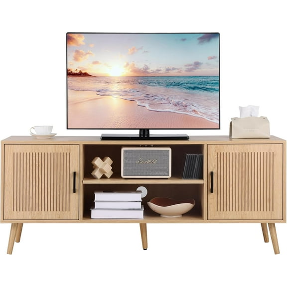 TV Stand for 65 Inch TV, Groove Stripe Entertainment Center with 2 Storage Cabinets and Adjustable Shelf, Modern Media TV Console Table for Living Room Bedroom, Solid Wood Feet, 4 Cord Holes (Natural)
