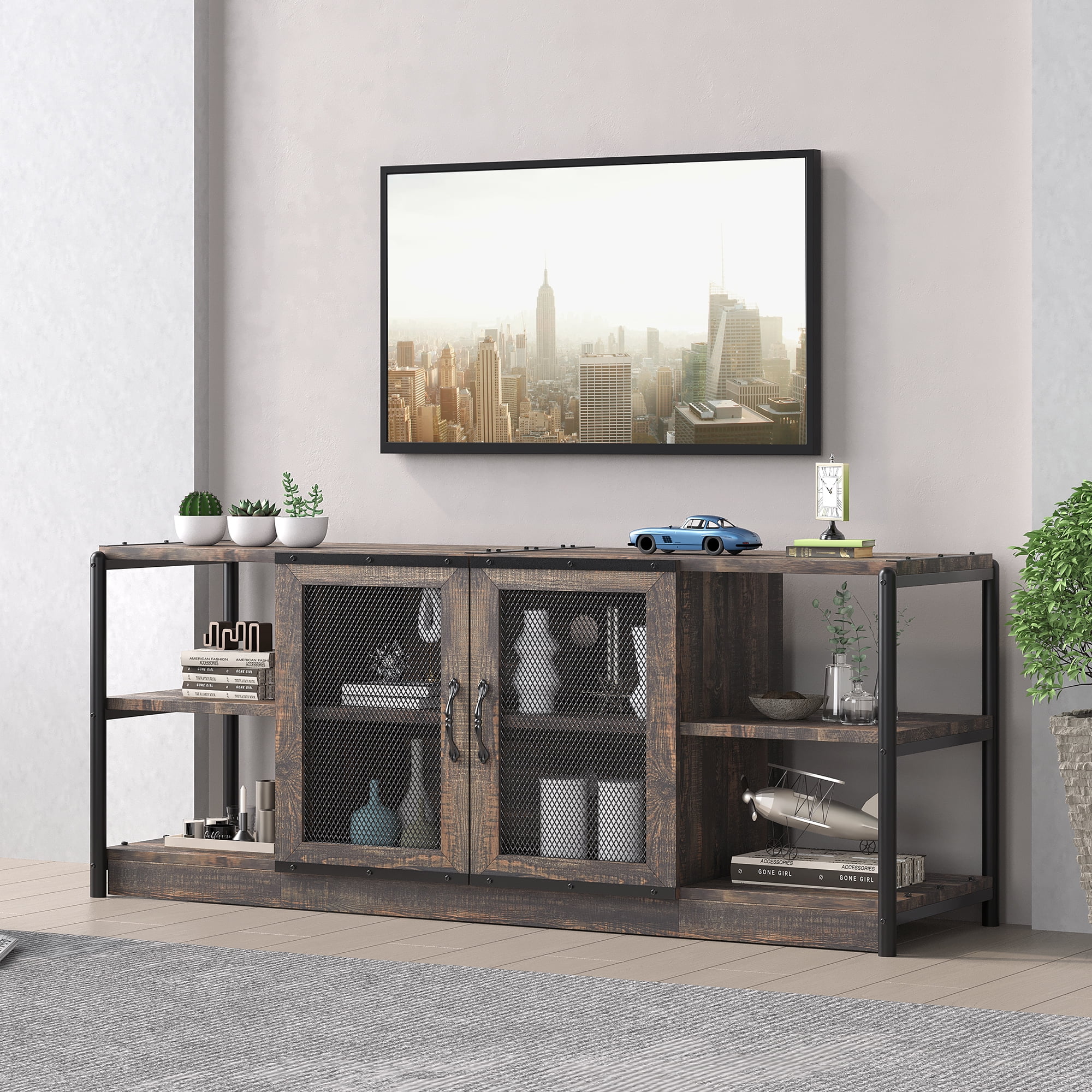 Rustic Brown and Black Metal Mesh Door TV Stand for 65+ Inch TV