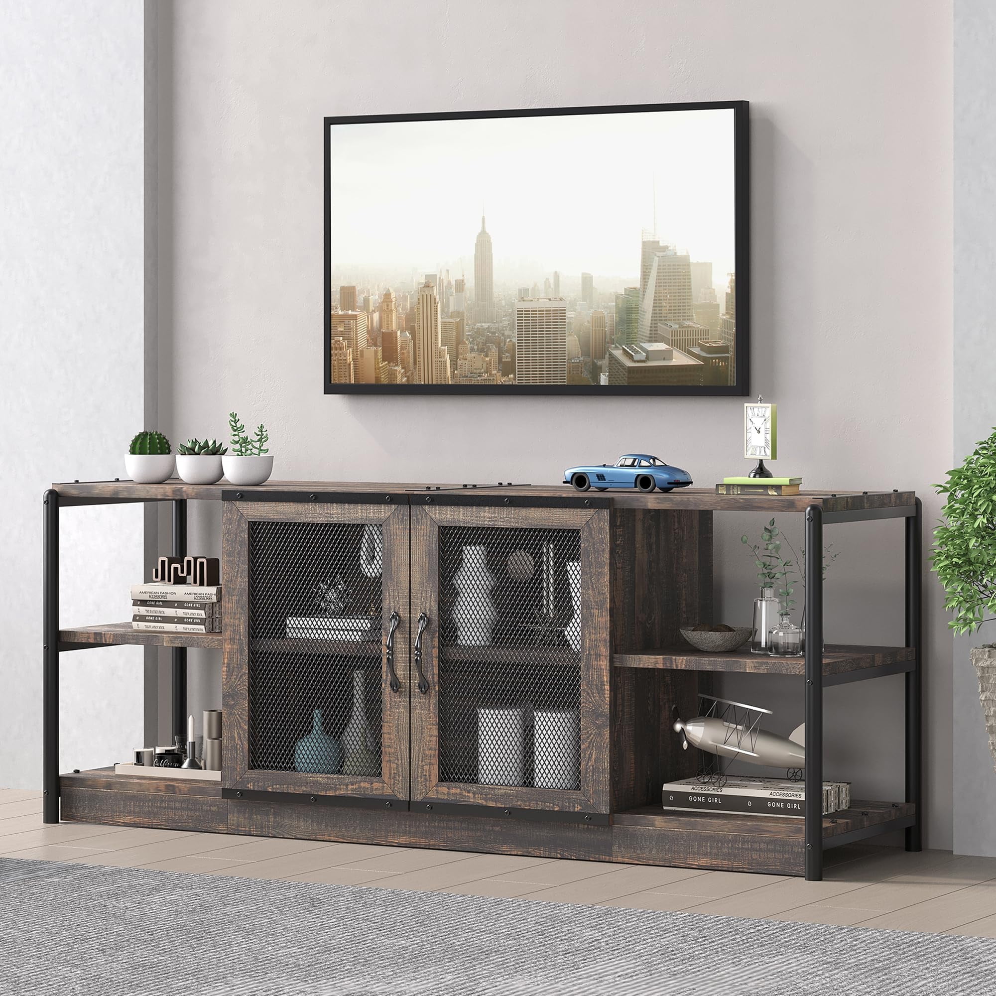 Rustic Brown and Black Metal Mesh Door TV Stand for 65+ Inch TV