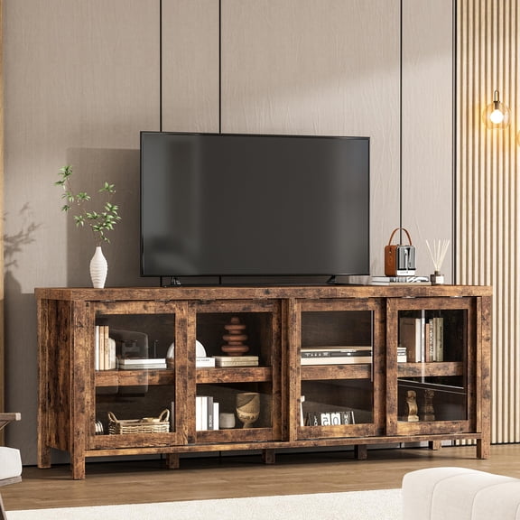 TV Stand for 65 Inch TV, Mid-Century Modern Entertainment Center with 4 Sliding Glass Doors & Storage Cabinet, Media TV Console Table for Living Room Bedroom