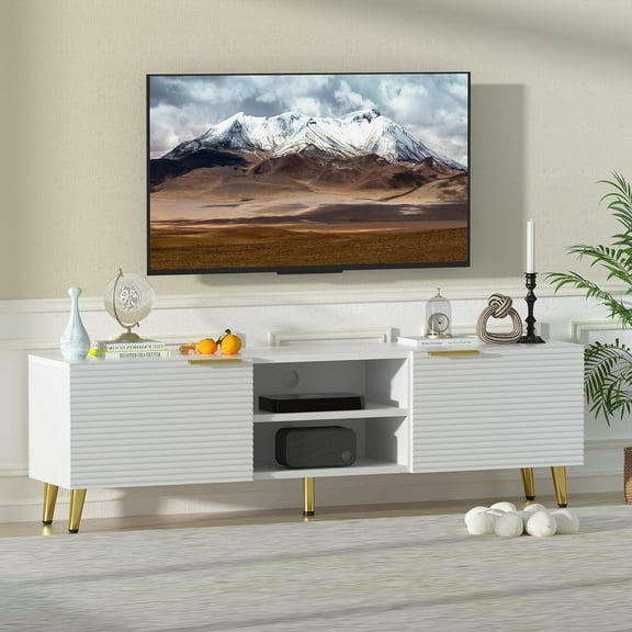 TV Stand for 65+ Inch TV, Modern TV Console for Living Room Bedroom, Wood Entertainment Center with Storage Cabinets, Hinge Door, Waveform Panel, Media Console (White, 57 inch)