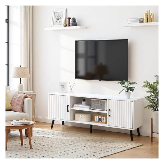 TV Stand for 65 Inch TV, Strip Entertainment Center with 2 Storage Cabinets and Adjustable Shelf, Modern Media TV Console Table for Living Room Bedroom, Solid Wood Feet, 4 Cord Holes(White)