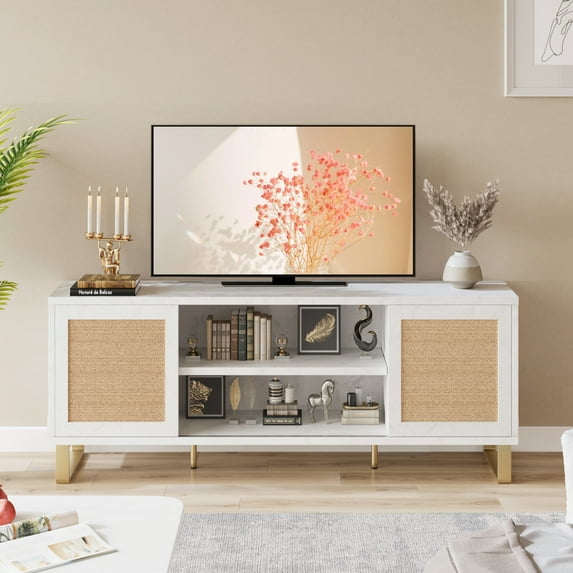 TV Stand for 65 Inch TV, White Entertainment Center Modern TV Console Table, Rattan TV Stand with Storage, Doors and Shelves, Low TV Console Media Cabinet Furniture for Living Bedroom