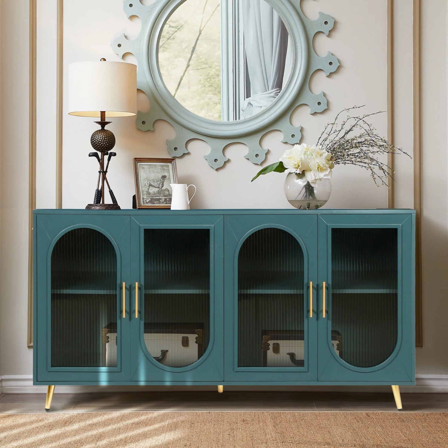 TV Stand for 65+ Inch TV Wood Media Console with Glass Door Storage Cabinet & Adjustable Shelves, Modern TV Console for Living Room Bedroom, Navy Blue