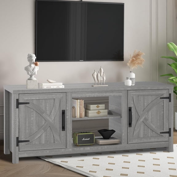 TV Stand for 65 Inch TVs, Farmhouse Entertainment Center with Storage Cabinets and Open Shelf, Rustic TV Cabinet Media Console Table for Living Room, Bedroom, Office, White