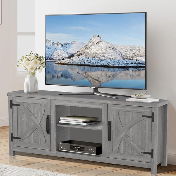 TV Stand for 65 Inch TVs, Farmhouse Entertainment Center with Storage Cabinets and Open Shelf, Rustic TV Stands for Living Room, Cabinet Media Console Table for Bedroom, Office, Grey