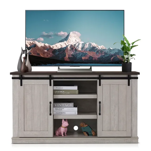 TV Stand for 65'' TV, 30.3'' Tall Entertainment Center with Sliding Barn Doors, Rustic Wood Media Console Storage Cabinet Television Stand for Living Room, Khaki