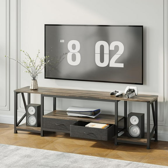 TV Stand for 70 75 80 Inch TV, Entertainment Center with Open Storage Shelves and Drawers for Up to 80 Inch TV, Industrial TV Console Table for Bedroom Living Room, Rustic Brown