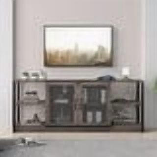 TV Stand for 70 Inch TV, Industrial Entermainment Center with Storage Cabinet & 2 Mesh Doors, Wood Rustic TV Console, 2 Tier Farmhouse TV Table for Living Room, Bedroom, Rustic Grey
