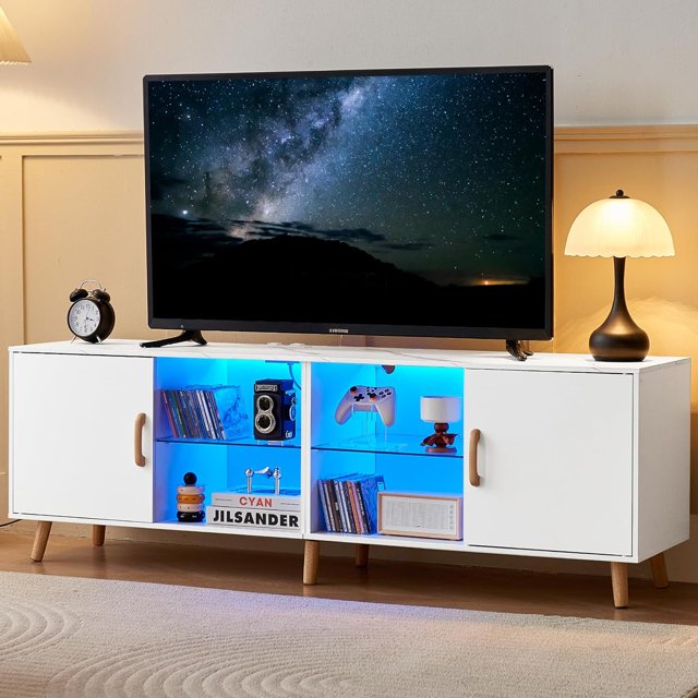 TV Stand for 70 Inch TV, LED Light TV Stand with Charging Station