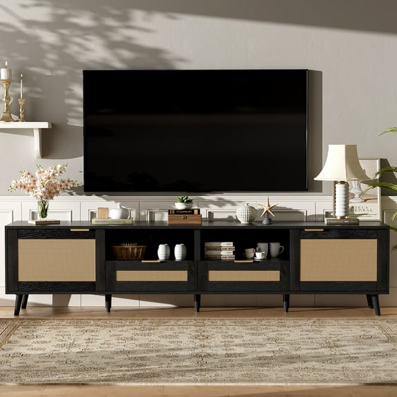 Rattan TV Stand for TVs up to 85", BTMWAY TV Stand, Modern Farmhouse Entertainment Center for TVs, Media Console with 2 Storage Drawer and Solid Wood Legs, TV Cabinet with Storage, Black