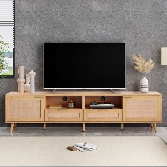 TV Stand for TVs up to 85", BTMWAY Modern Farmhouse TV Console, 80" Rattan Entertainment Center, Media Console Table with 2 Storage Drawers & Doors, TV Cabinet for Living Room, Wood
