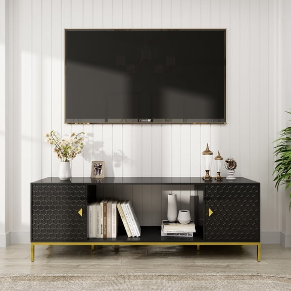 TV Stand 70 Inch TV Stand, Heavy Duty Wood Media Entertainment Center Console with Cabinet Storage & Open Shelves for Living Room, Modern Design (Black),Entertainment Center