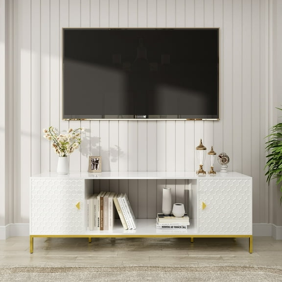 TV Stand 70 Inch TV Stand, Heavy Duty Wood Media Entertainment Center Console with Cabinet Storage & Open Shelves for Living Room, Modern Design (White),Entertainment Center