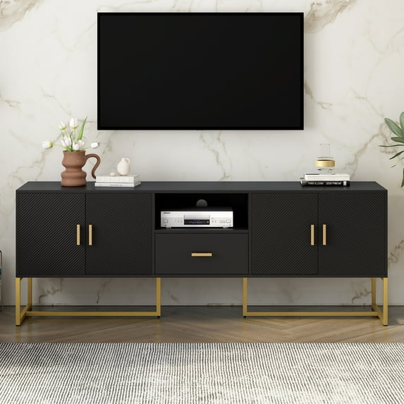 TV Stand for 70" TVs, TUANLUO TV Console Table with Drawer and 2-Door Cabinets, Modern Entertainment Center, TV Stand Furniture for Living Room Bedroom, 68.9"L x 15.7"W x 25.6"H, Black