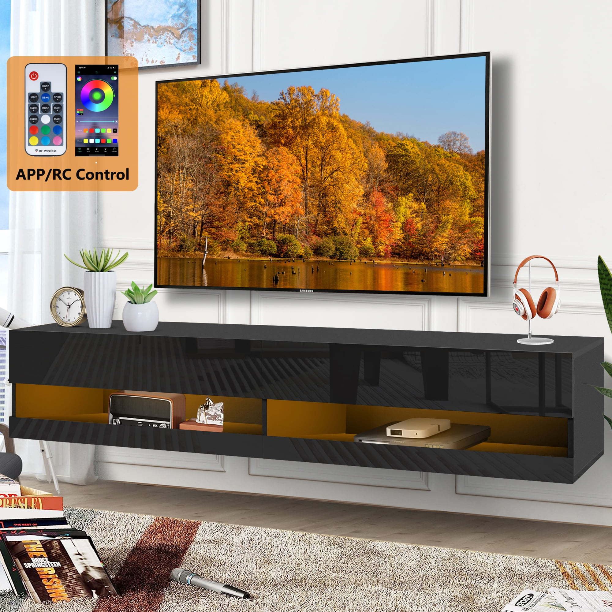 TV Stand for 70 inch TVs, Paproos 60in Long LED Floating TV Stand, High Gloss Floating
