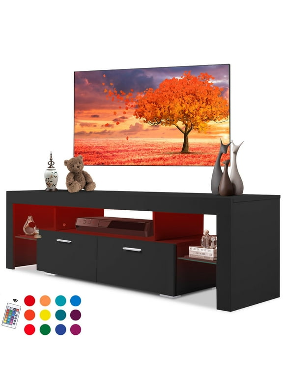 TV Stand for 75 Inch, TV Console Cabinet Table W/16-Color LED Lights, Modern Entertainment Center for TV 30-70 Inch, Black TV Table with Large Storage and Drawer