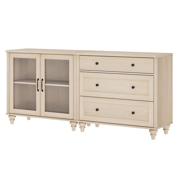 TV Stand for 75 Inch TV, 2-in-1 Wood TV Cabinet Entertainment Center Television Stands for Living Room, Sideboard Buffet Cabinet with Glass Door & Drawer for Kitchen, Beige