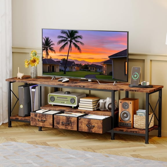 TV Stand for 75 Inch TV Entertainment Center with Power Outlets TV Console Table deepen with Fabric Drawers Metal Frame Storage Shelves and for Living Room, Bedroom 63" Rustic Brown