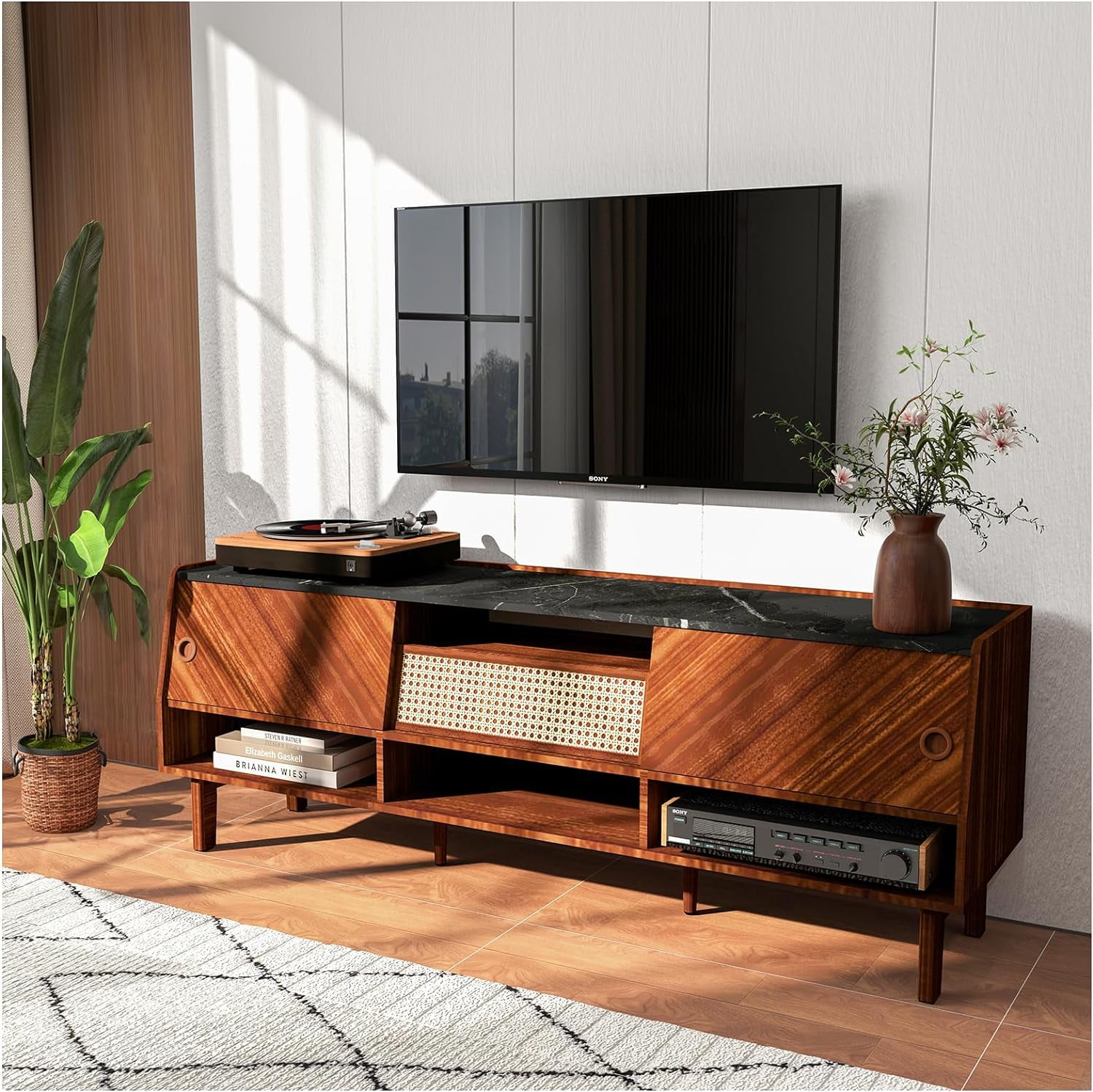 TV Stand for 75+ Inch TV, Mid Century Modern Entertainment Center with Rattan Drawer,Storage