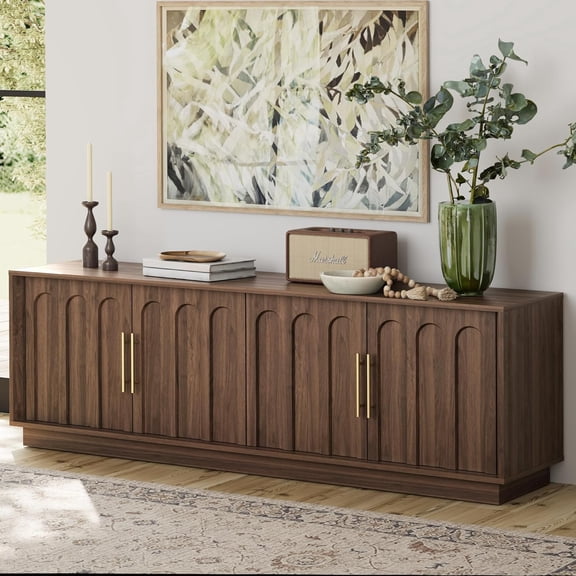 TV Stand for 75 Inch TV, Mid Century Modern TV Stand with Arched Design, Wood Grain Finish, Media Console with Adjustable Shelves, 67" Entertainment Center for Living Room Bedroom, Walnut