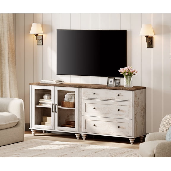 TV Stand for 75-Inch TVs, Wooden TV Cabinet Entertainment Center Television Stands for Living Room, 2-in-1 Sideboard Buffet Cabinet with Glass Door & Drawer for Kitchen, Rustic White