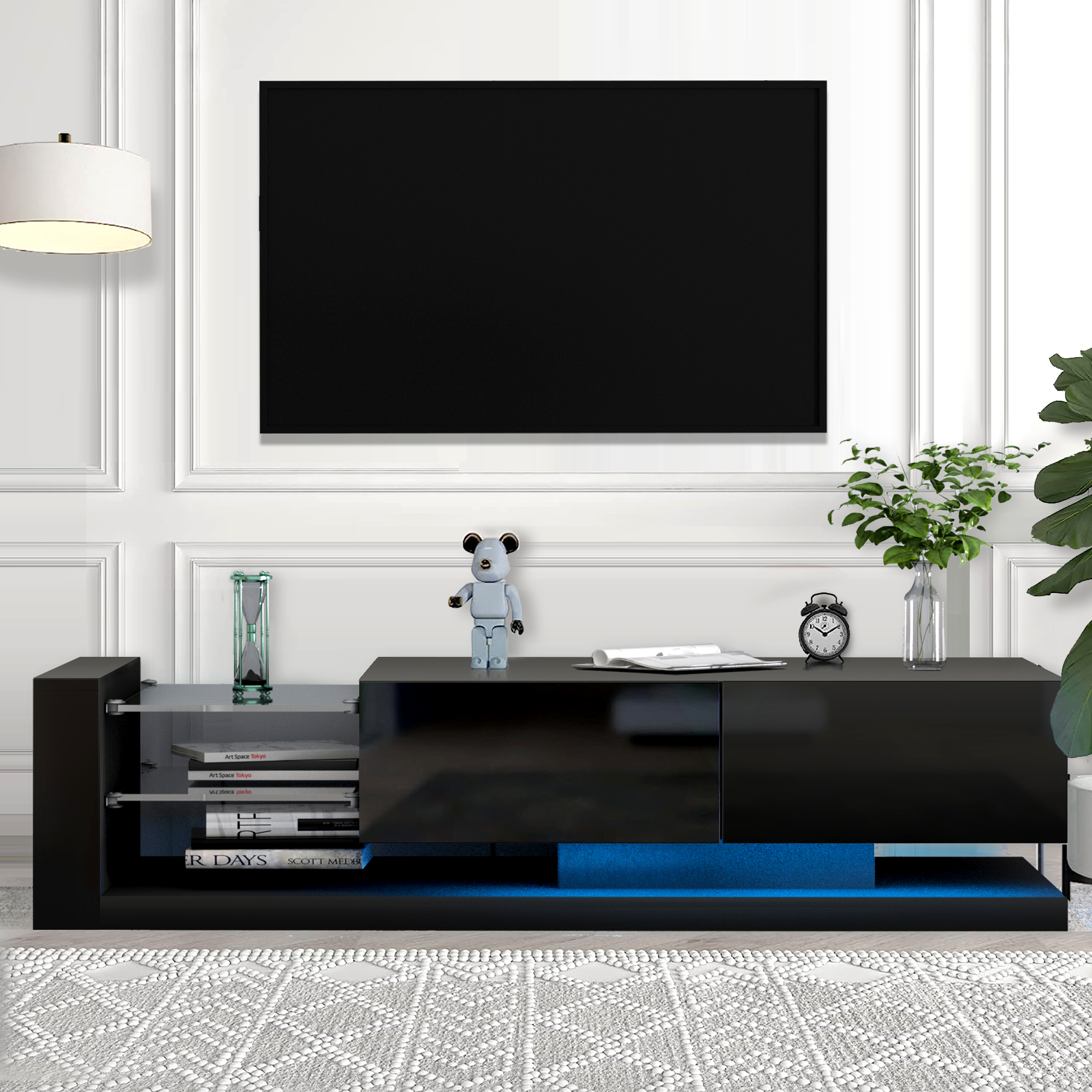 TV Stand for 75 inch TVs, HSUNNS Contemporary Black High Glossy TV