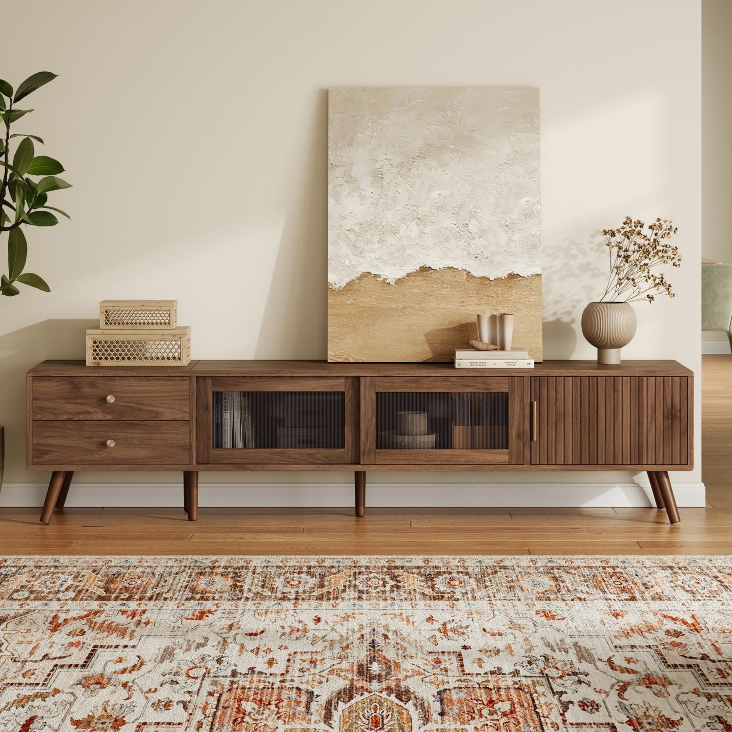TV Stand 76-Inch Modern with Waveform Glass Doors and Storage Cabinets, Media Console and Entertainment Center for TVs up to 85 Inches, Natural Wood