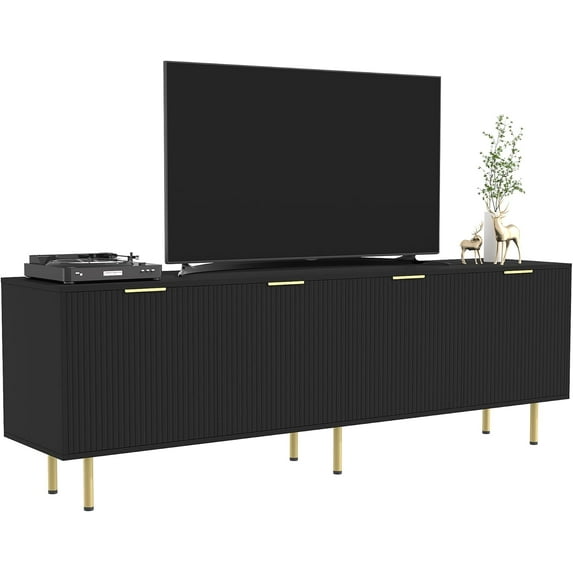 TV Stand for 80 Inch TV, Fluted TV Stand for Living Room, Mid Century Modern TV Stand with Adjustable Shelf, TV Entertainment Center with Storage for Bedroom, 70Inch, Black