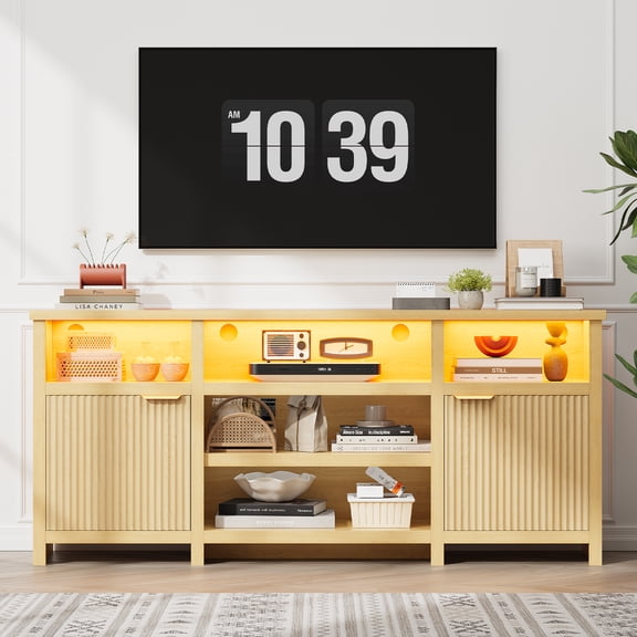 TV Stand for 80 inch TVs, Highboy Media Console Entertainment Center with LED Lights, MDF Wood Storage Cabinets and Adjustable Shelves, 71" Wide Oak Finish for Living Room