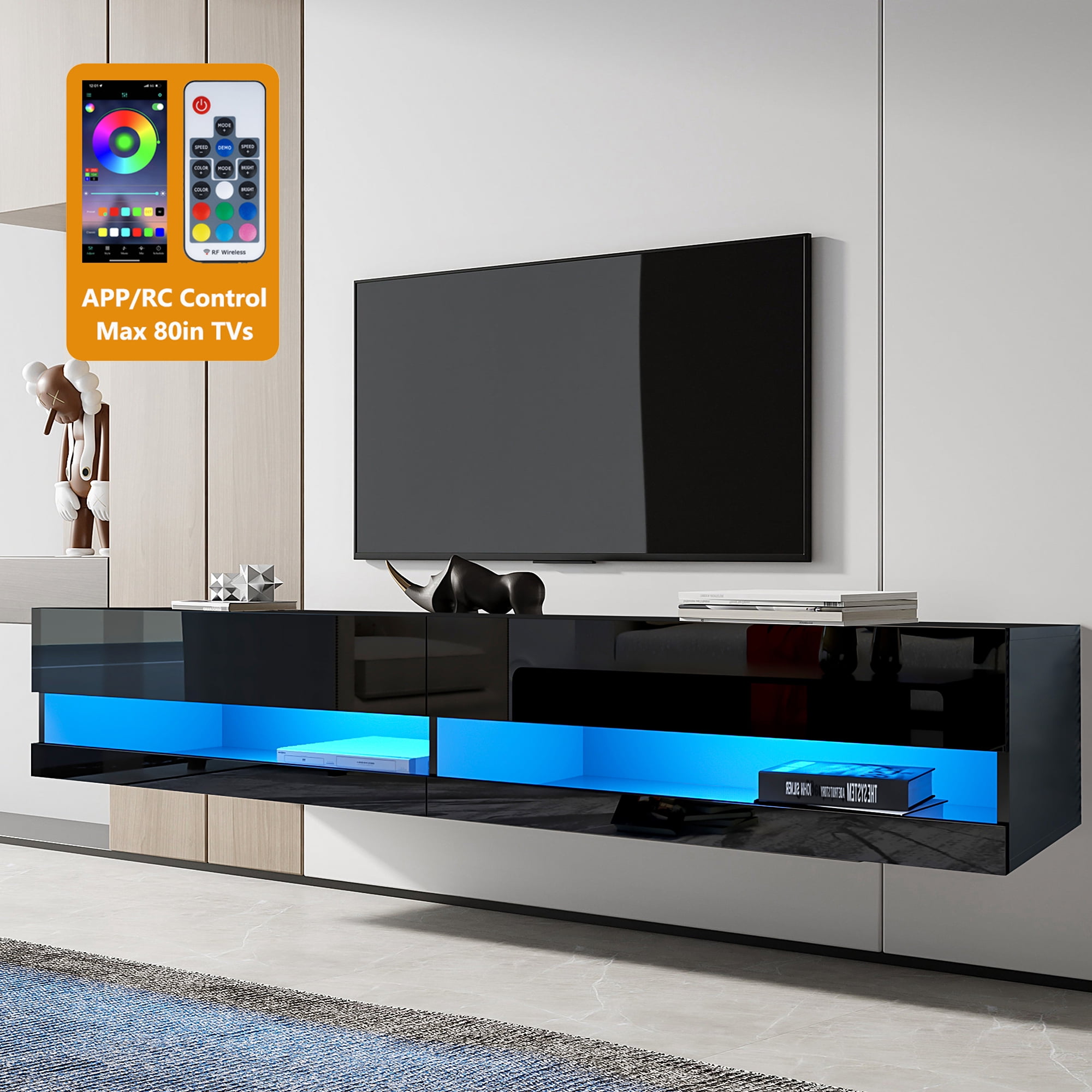 TV Stand for 80 inch TVs, Paproos 71in Long LED Floating TV Stand, High