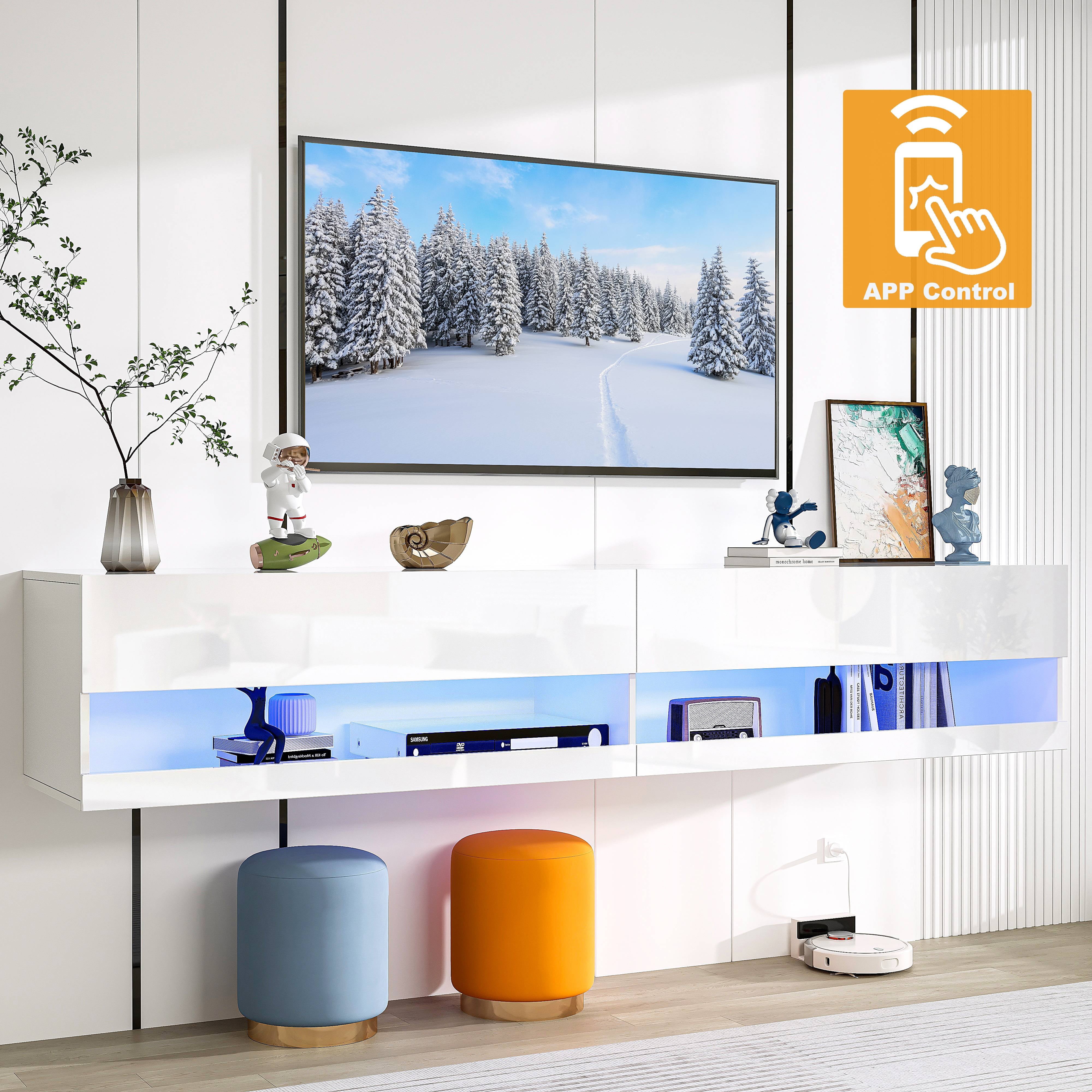 TV Stand for 80 inch TVs, Paproos 71in Long LED Floating TV Stand, High