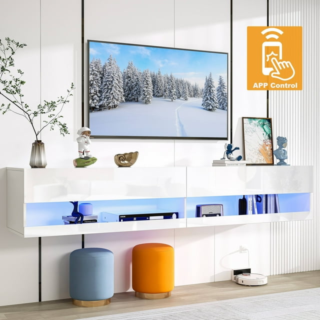 TV Stand for 80 inch TVs, Paproos 71in Long LED Floating TV Stand, High