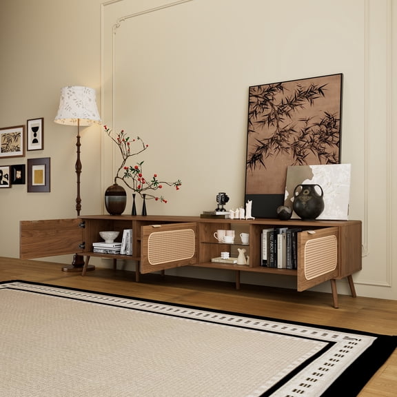 TV Stand for 85 Inch TV, 78 Inch Media Console with Rattan Doors & Glass Shelves, Entertainment Center with Ample Storage for Living Room & Bedroom, Walnut