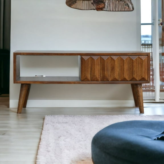 TV Stand Artisan Furniture Solid Wood Chestnut Prism Sliding Media Unit,Entertainment Center