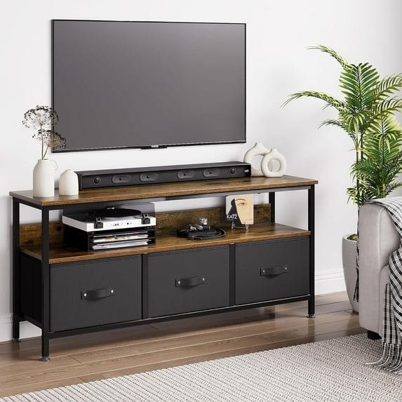 TV Stand for Bedroom with 3 Fabric Drawer,TV Cabinet for 55 Inch TV, Space-Saving TV Console Table with Storage, Entertainment Center with Open Shelf, for Living Room, Dorm