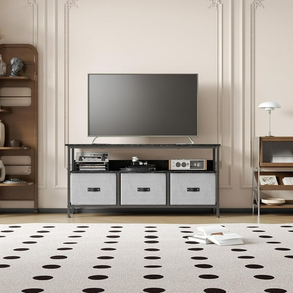 TV Stand for Bedroom with 3 Fabric Drawer,TV Cabinet for 55 Inch TV, Space-Saving TV Console Table with Storage, Entertainment Center with Open Shelf, for Living Room, Dorm