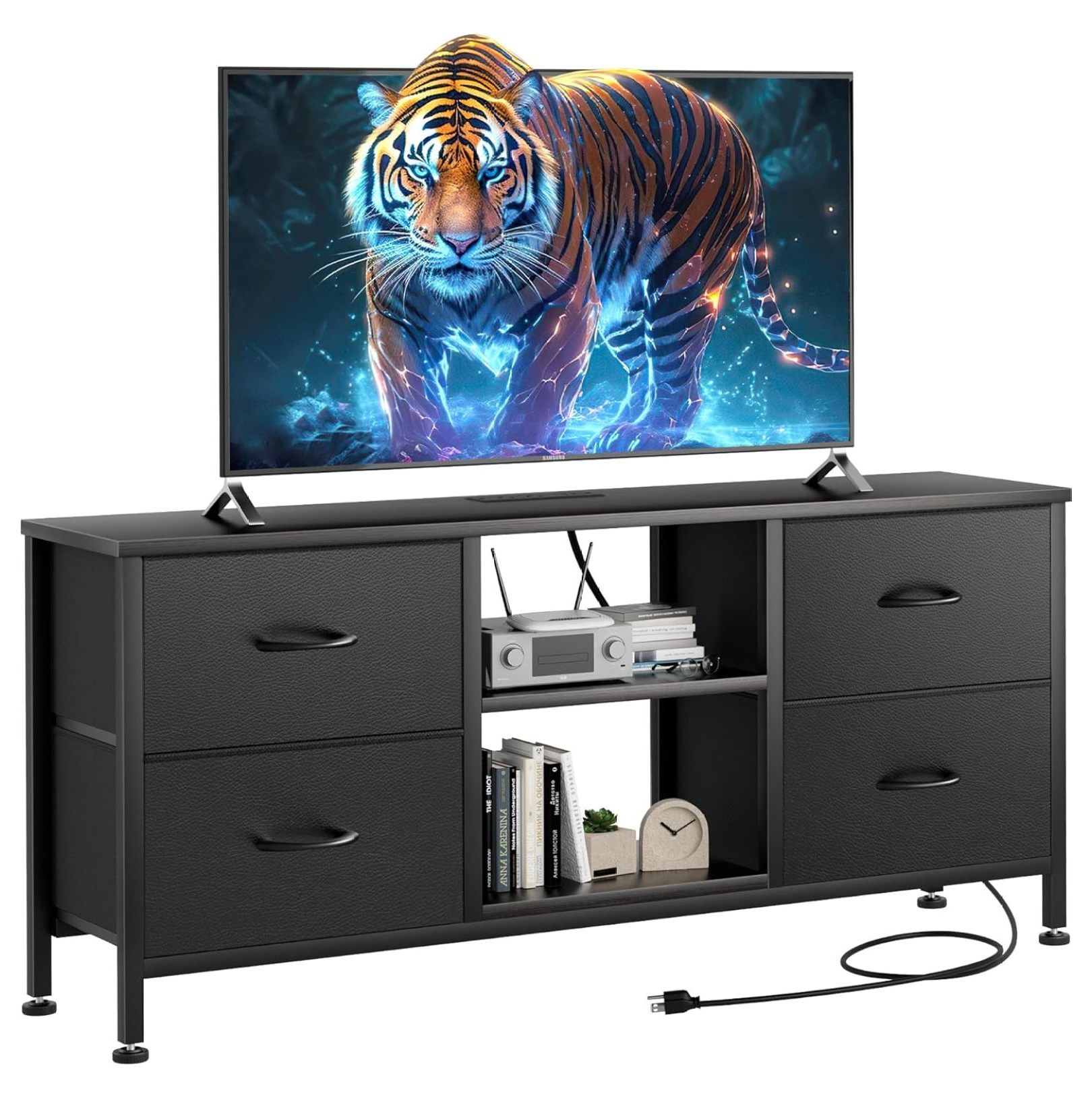 TV Stand for Bedroom, Dresser TV Stand with 4 PU Drawers & Open Shelves ...