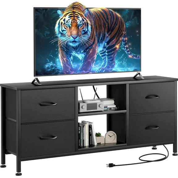 TV Stand for Bedroom, Dresser TV Stand with 4 PU Drawers & Open Shelves for 50" TV, Entertainment Center with Power Outlet, Dresser for Bedroom, Living Room, Entryway, Black