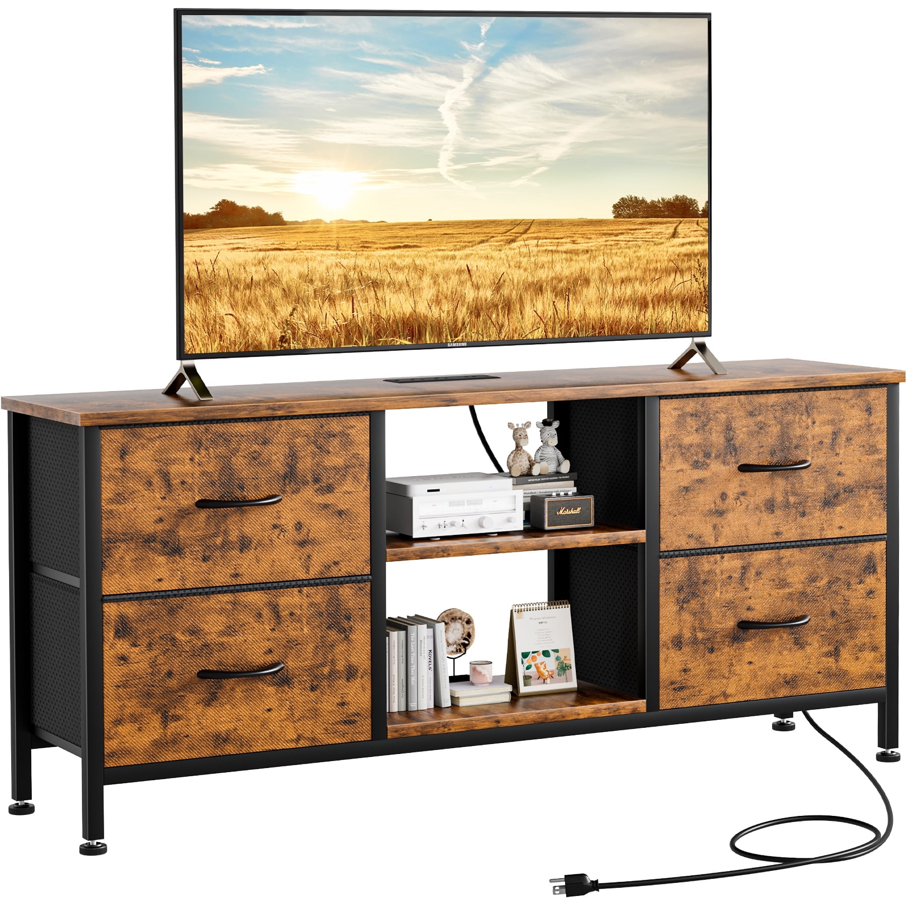 TV Stand For Bedroom Or Living Room – Holds Up To 55 Inch TV, 4 Drawers & Shelves, Built-in Outlets (Black)