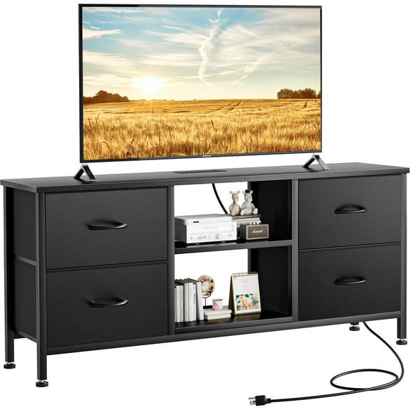 TV Stand for Bedroom, Television Stand for TV up to 50 Inch Entertainment Center Dresser with 4 Drawers Open Storage Shelves for Living Room, Entryway